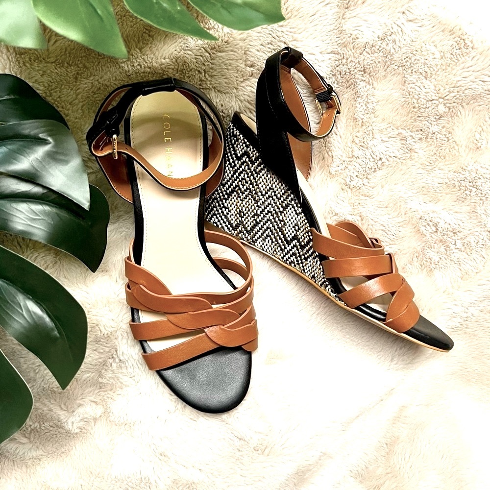 Cole Haan Wedges, Camel Brown/Black/White, Sz 7